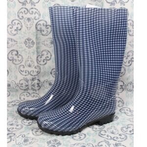 St Johns Bay Winthrop Navy Gingham Rain Boots Memory Foam Womens 7 M NEW